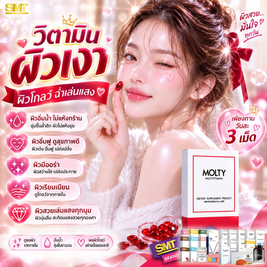MOLTY วิตามินผิวเงา บำรุงผิวแห้ง 100 เม็ด วิตามินรวม วิตามินซี หน้าขาว ผิวฉ่ำใส สะท้อนแดด