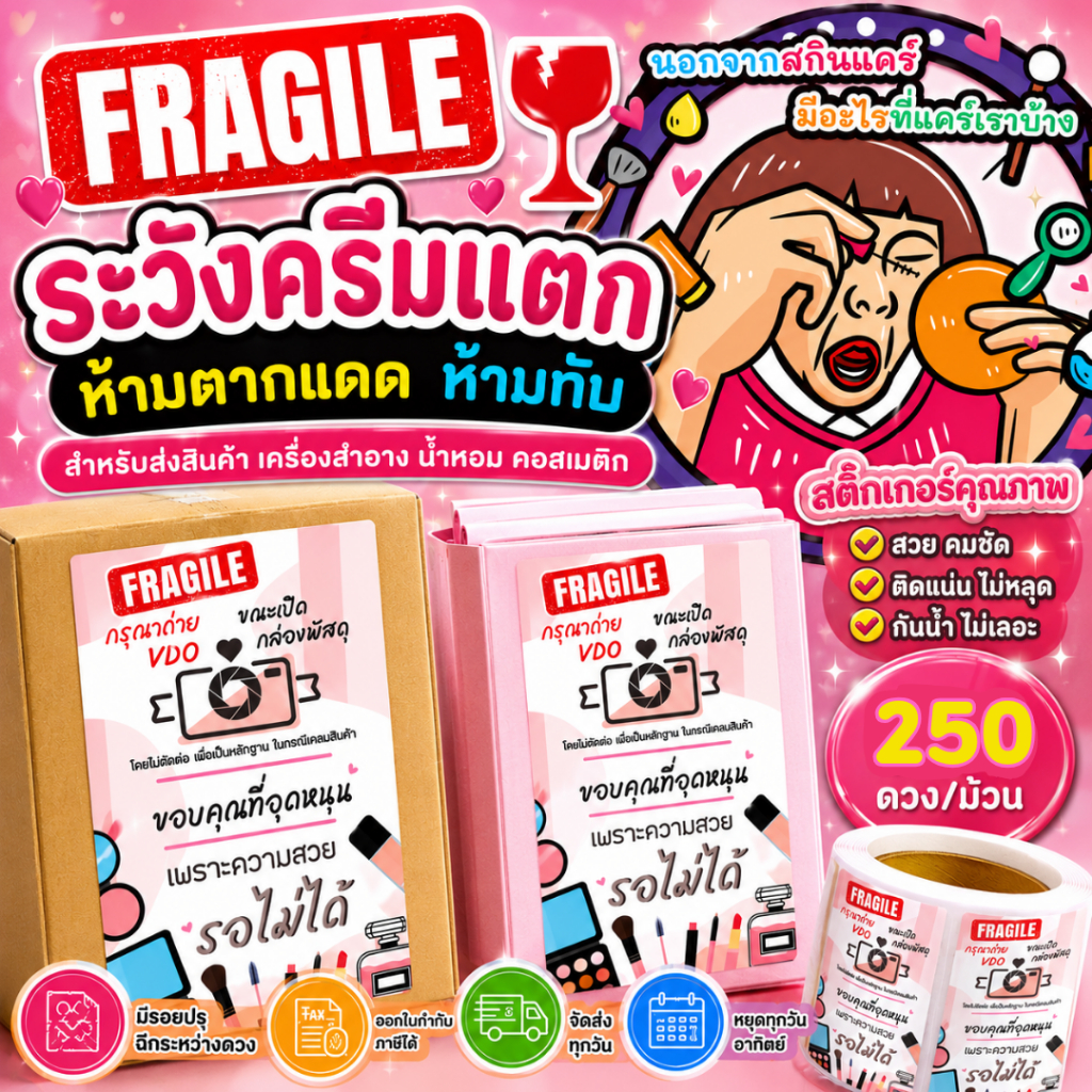 สติ๊กเกอร์ระวังครีมแตก ห้ามตากแดด ห้ามทับ ระวังแตก