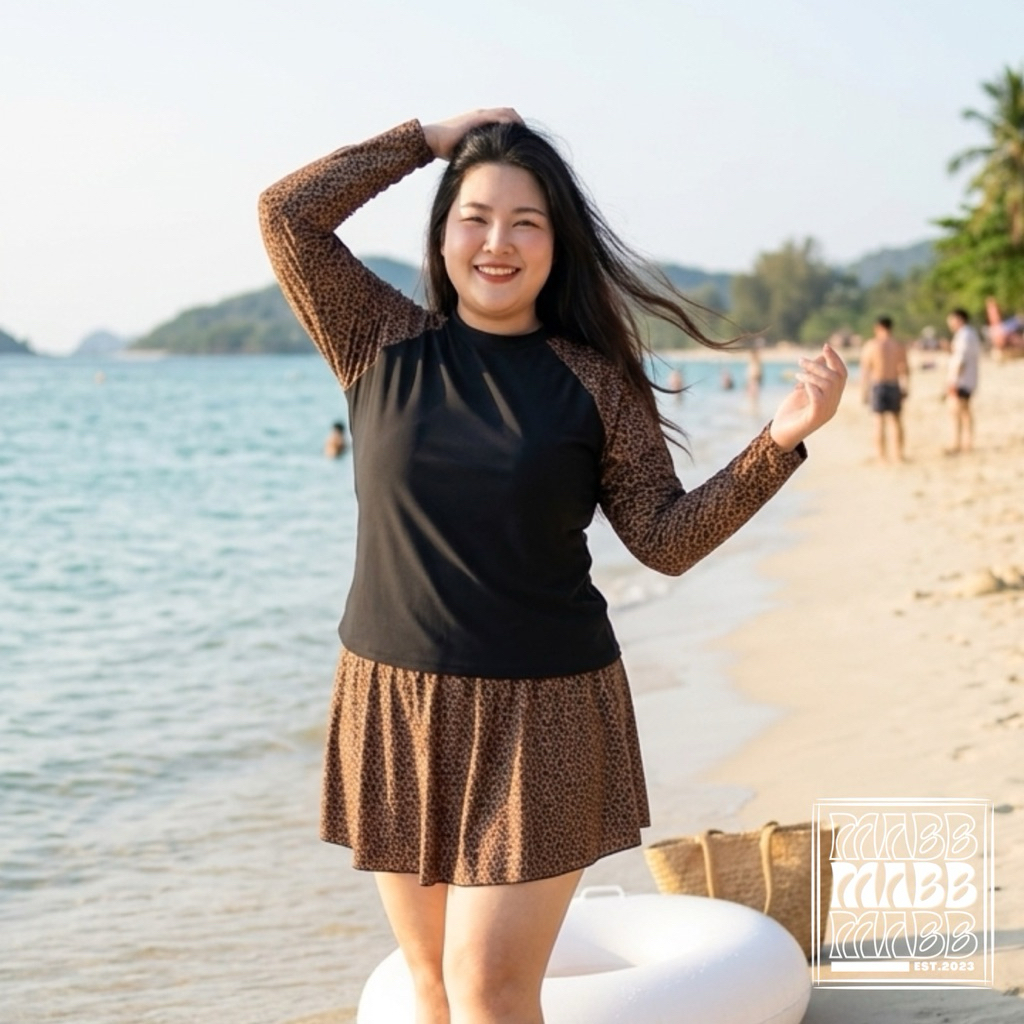 New! MABB - Cheetah Swimwear ชุดว่ายน้ำแขนยาว กระโปรงกางเกง 3ชิ้น ชุดว่ายน้ำสาวอวบ มีไซส์ใหญ่