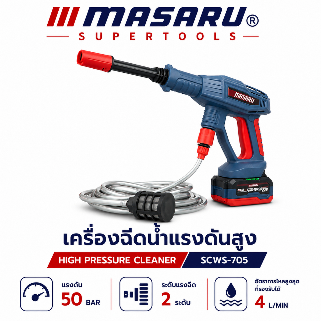 MASARU ปืนฉีดน้ำ ไร้สาย SCWS-705 Brushless ปืนฉีดน้ำแรงดันสูง ล้างรถ รดน้ำ เกษตร เครื่องฉีดน้ำ