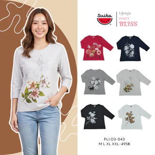 เสื้อแตงโม (SUIKA) - เสื้อยืดคอกลม แขนสามส่วน พิมพ์ลายดอกไม้ แขนสามส่วน (PLI.O3-332 192 285 043 216 )