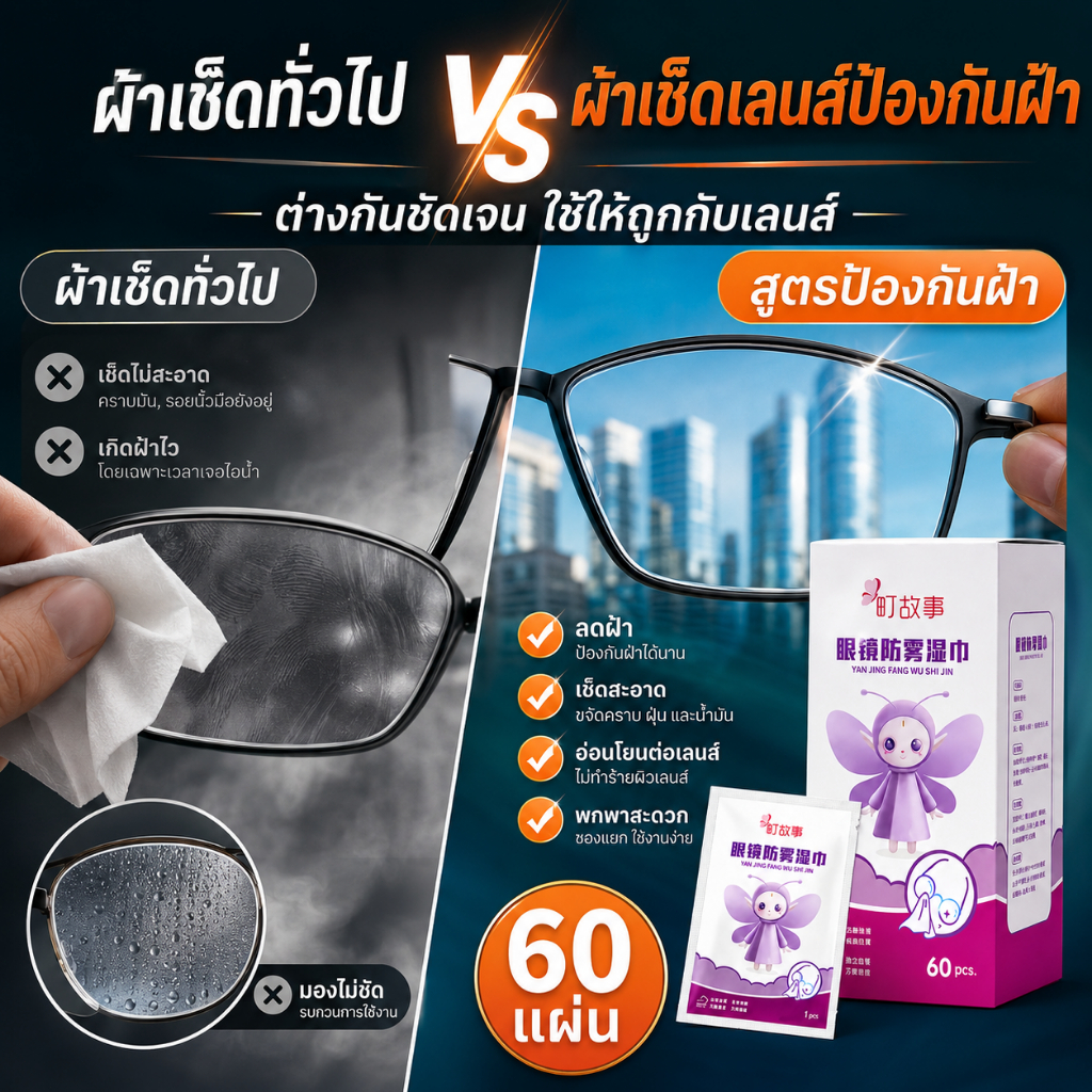 ผ้าเช็ดแว่นตาแบบพกพา ผ้าเช็ดเลนส์ป้องกันฝ้า ใช้ง่ายทุกวัน เหมาะสำหรับนักเรียน คนทำงาน ผู้ขับรถ และนักเดินทาง 60 แผ่น
