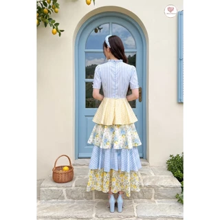 (มี3XL) Maria Diamond สีฟ้าเหลือง Double Lime Dress เดรสยาวผ้าชีฟองกลิตเตอร์พิมพ์ลาย ดีเทลกระโปรงเลเยอร์ ซิปหลัง มีซับใน