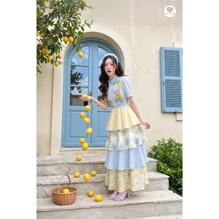 (มี3XL) Maria Diamond สีฟ้าเหลือง Double Lime Dress เดรสยาวผ้าชีฟองกลิตเตอร์พิมพ์ลาย ดีเทลกระโปรงเลเยอร์ ซิปหลัง มีซับใน
