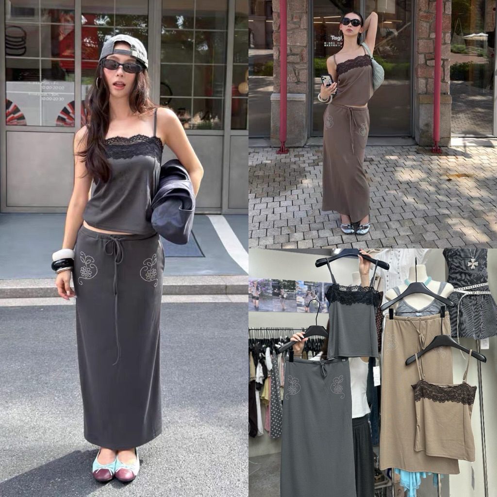 ส่งด่วน 🛵 26L508 𝗦𝗔𝗠𝗔𝗡𝗧𝗛𝗔 𝗟𝗔𝗖𝗘 𝗦𝗘𝗧 (2ชิ้น) เซตเสื้อสายเดี่ยวแต่งขอบลูกไม้ คู่กับกระโปรงยาวทรงสวย คัตติ้งเนี้ยบ MMFISH