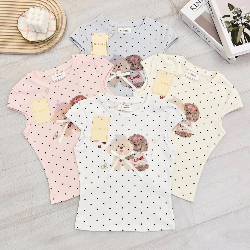 G-Rose 🌹new เสื้อคอกลมแขนสั้นสกีนลายน้องหมาดีเทลแขนเว้านิดๆผ้ายืดลายจุดPolkadot
