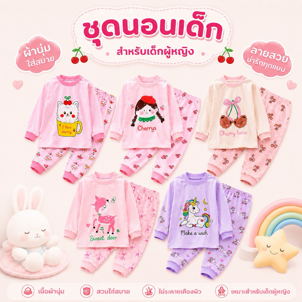 🌟ชุดนอนเด็กผู้หญิง  ลายน่ารัก พร้อมส่ง size 80-140🇹🇭