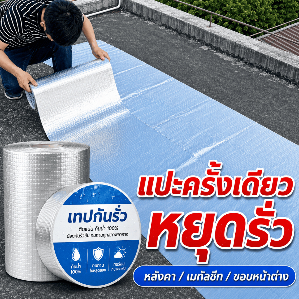 เทปบิวทิลกันน้ำ เทปกาวอลูมิเนียมฟอยล์ เทปกันรั่วซึม กาวในตัว อุดรอยรั่ว ซ่อมหลังคา ผนัง ท่อ รางน้ำ 5m/10m/20m COD