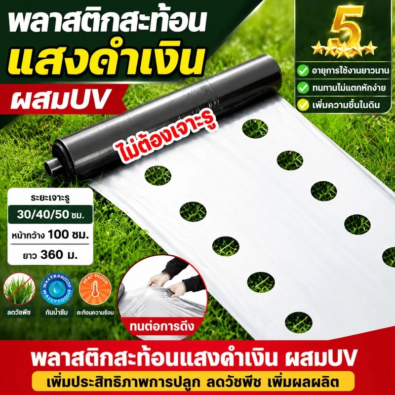 🌱พลาสติกคลุมดิน 1ม.x400หลา(360ม) ผ้ายางคลุมดิน เจาะรูเดี่ยว 1แถว ผ้ายางคลุมวัชพืช ผ้ายางคลุมแปลงผัก