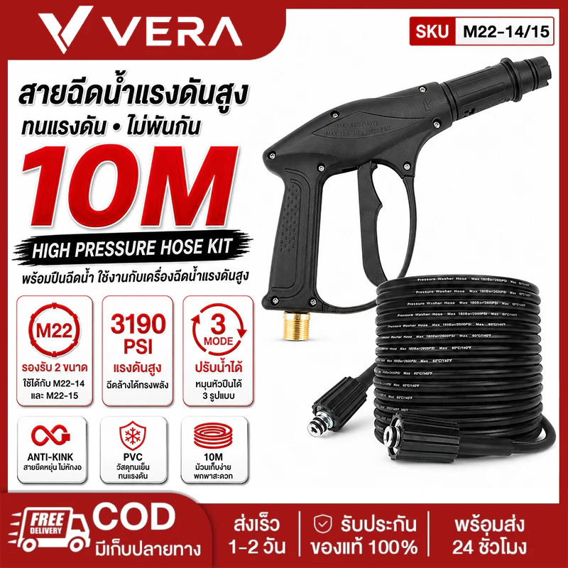 ปืนฉีดน้ำแรงดันสูง สายปั๊มอัดฉีด สายอัดฉีดไฮโดรลิค สายไฮดรอลิค ยาว10ม เมตร สายอัดฉีดน้ำแรงดันสูง