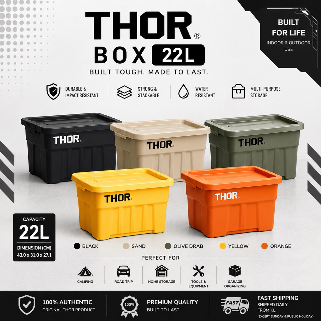 THOR 22L Tote Box พร้อมฝาปิด,ภาชนะเก็บวางซ้อนกันได้ความจุสูง