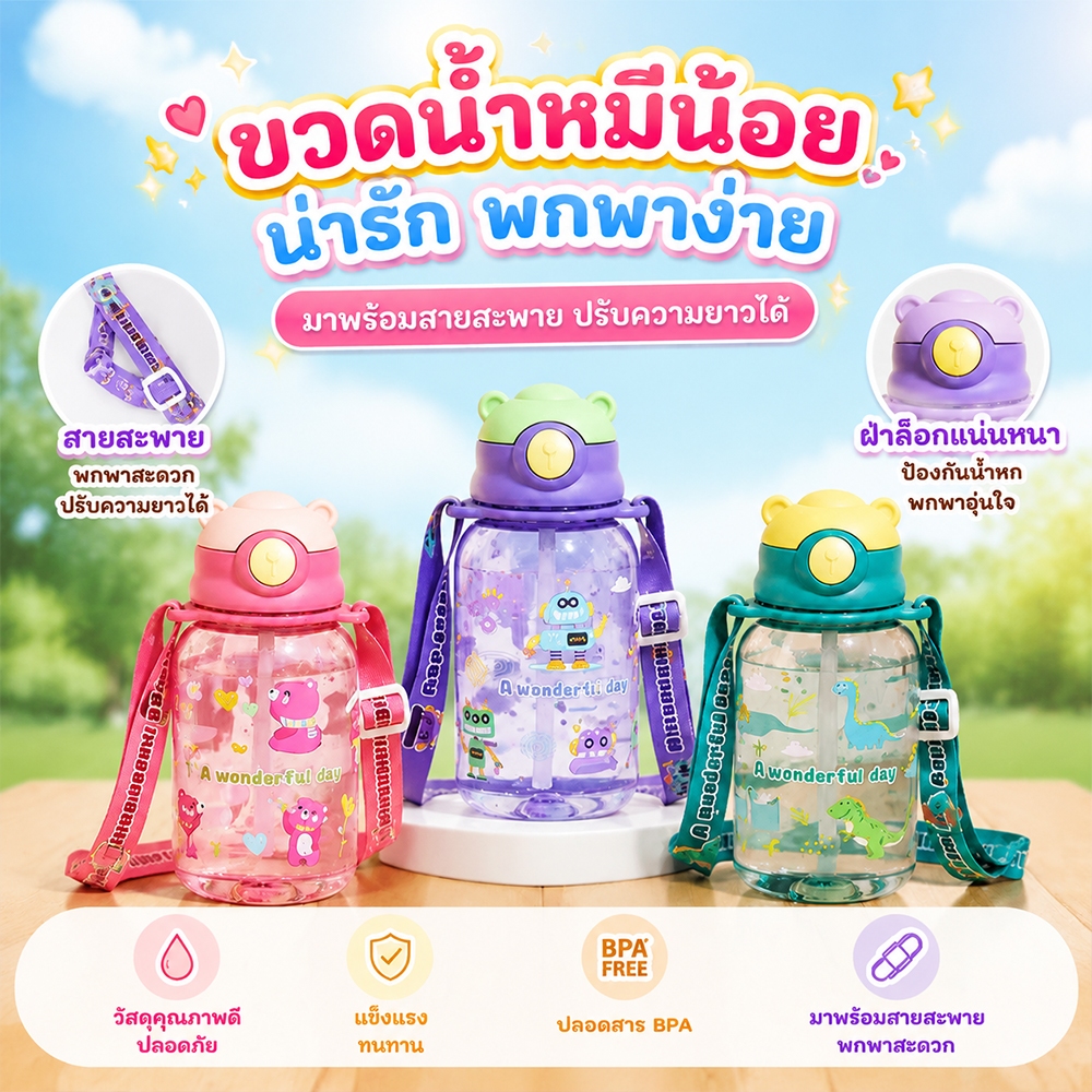กระติกน้ำเด็ก(พร้อมส่ง!)แก้วใส่น้ำ พร้อมสายสะพาย ลายการ์ตูน กระติกน้ำไปโรงเรียน หลอดเด้ง