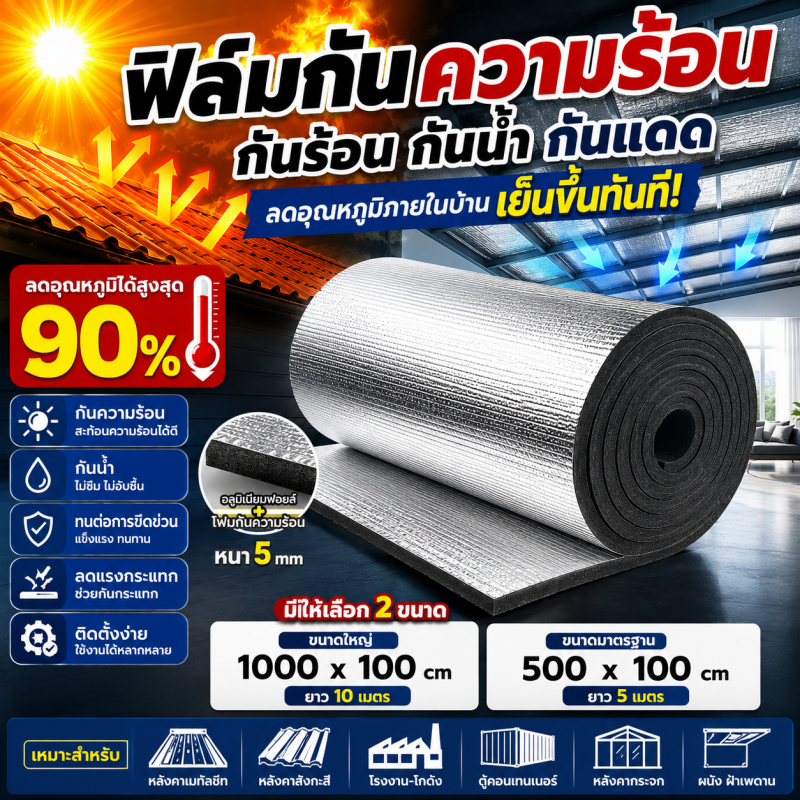 แผ่นกันความร้อนหลังคา 5 มม ฟอยล์สะท้อนความร้อน ติดตั้งง่าย ฉนวนกันความร้อน บังแดด ฉนวนพีอี ฉนวนเพดาน ฉนวนติดผนัง