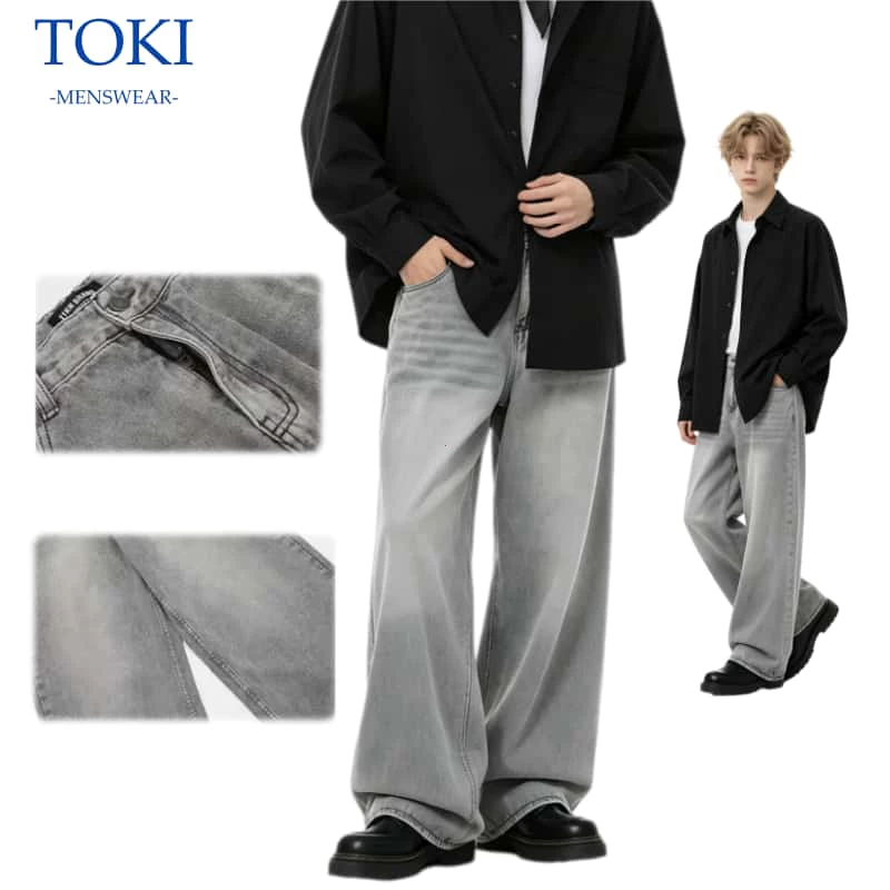 toki-กางเกงยีนส์ผู้ชายสีเทา กระบอกใหญ่ หลวม ๆ ทรงตรง สไตล์อเมริกัน ไฮสตรีท ฮิปฮอป แฟชั่น ไซส์ใหญ่ ทันสมัย
