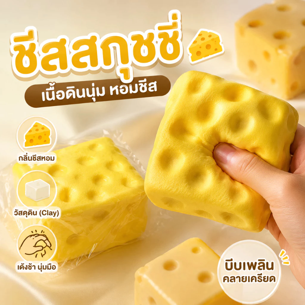 สกุชชี่ชีส กลิ่นชีสหอม ของเล่นบีบคลายเครียด นุ่มเด้ง Slow Risin สกุชชี่ขนมชีส ขนมปัง ของเล่นเด็ก บีบผ่อนคลาย