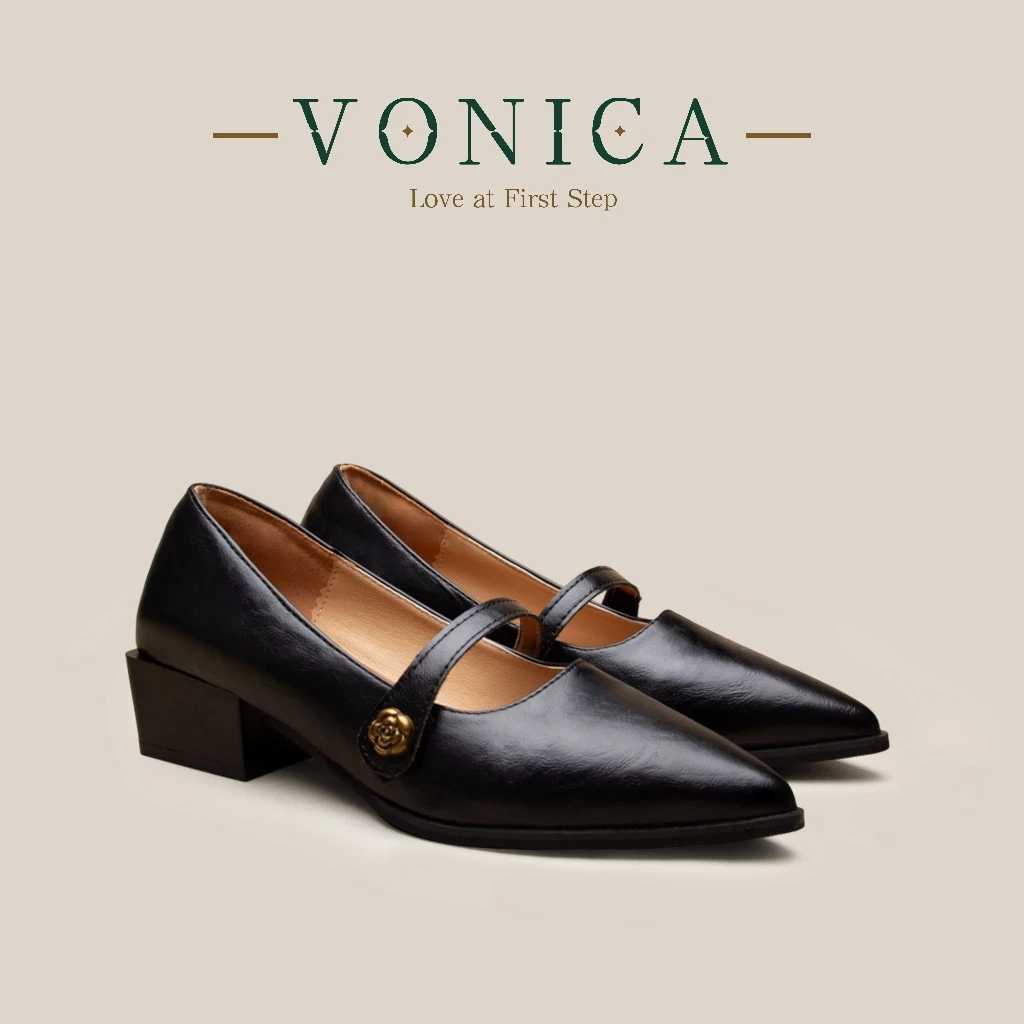 VONICA รองเท้าโลฟเฟอร์ผู้หญิงหัวแหลมส้นตึกหนังสีดำสายเดี่ยวสไตล์มารีเจนใส่ทำงานสบาย
