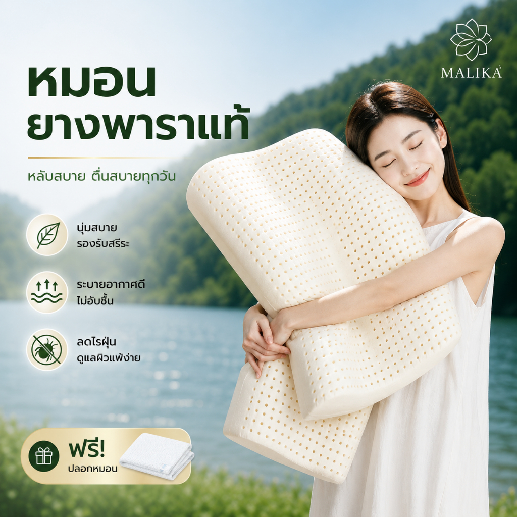 หมอนยางพารา MALIKA หมอนสุขภาพ รองรับคอ ลดปวดคอ นุ่มเด้ง ระบายอากาศดี ยางพาราธรรมชาติ 100% น้ำยาง 93% แถมปลอกหมอน หลับสบา