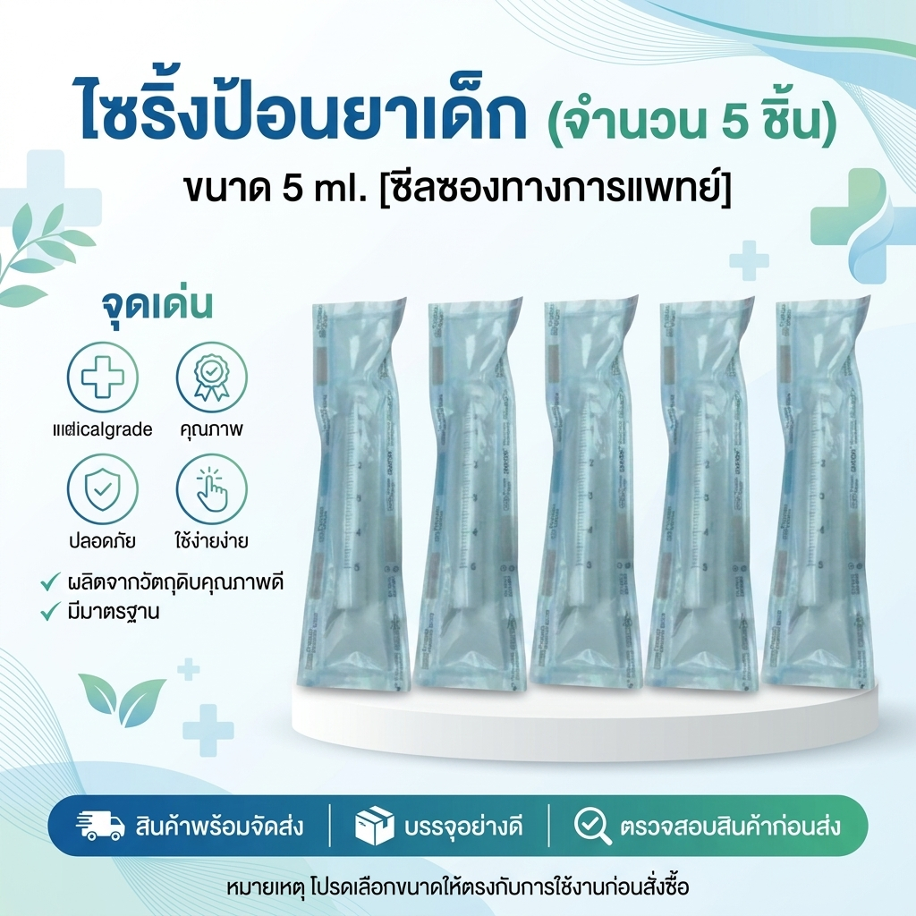 5 ชิ้น หลอดป้อนยาเด็ก ขนาด 5 ml. ซีลซองทางการแพทย์