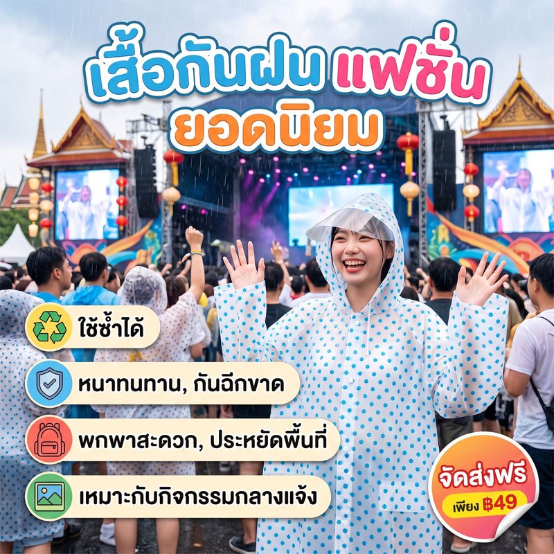 เสื้อกันฝน เสื้อกันฝนผู้ใหญ่ PEVA รูปแบบลายจุด สีสันสดใส  ลายแฟชั่น กันน้ำ 100% พร้อมหมวกคลุม เหนียวทนทานไม่ขาดง่าย
