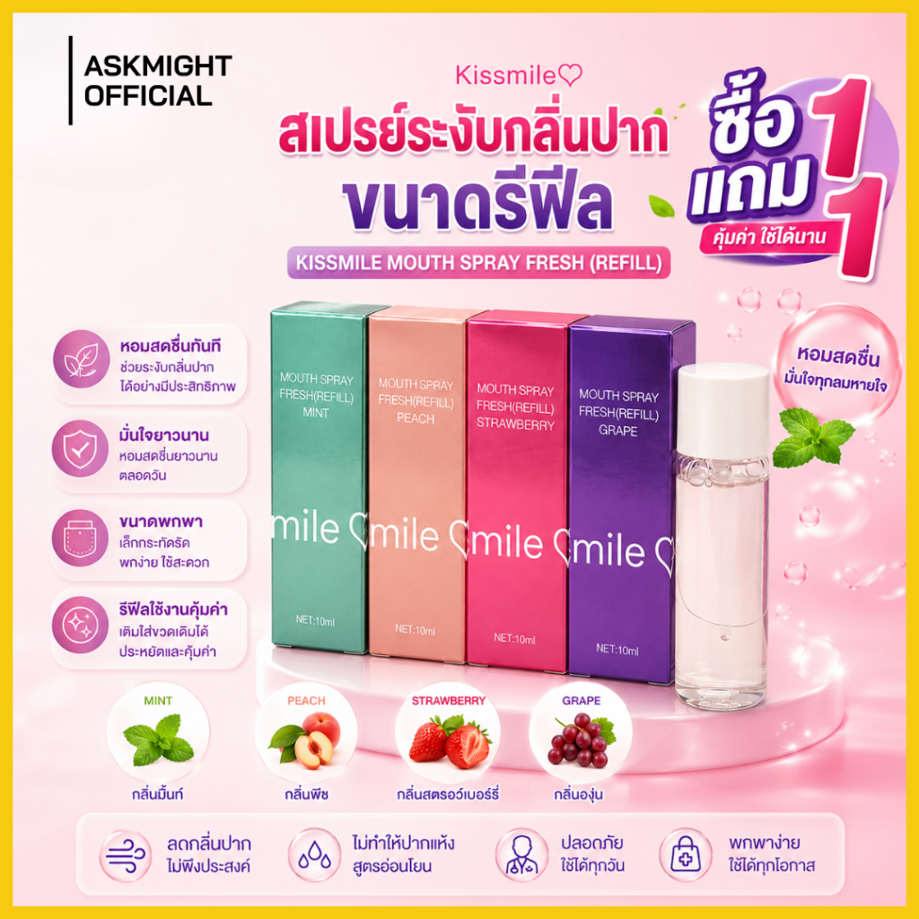 (REFILL) 1 แถม 1 สเปร์ยระงับกลิ่นปาก Kissmile สเปร์ยรสองุ่น กลิ่นหอม ลมหายสดชื่น  KISSMILE MOUTH SPR