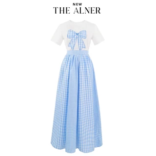 Thealner-AN084 (เซตเสื้อขาวปักโบว์+กระโปรงฟ้าลายสก็อต)