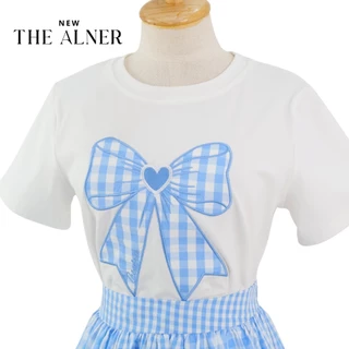 Thealner-AN084 (เซตเสื้อขาวปักโบว์+กระโปรงฟ้าลายสก็อต)