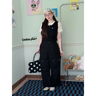 LindaaPlus-- กางเกงคาร์โก้เอวสูง ★⋆.˚กระเป๋าแต่งหน้าทรงเหลี่ยม ใช้งานได้จริง คาโก้ทรงกระบอกใหญ่ ผ้ายีนวาฟป๊อปนำเข้า