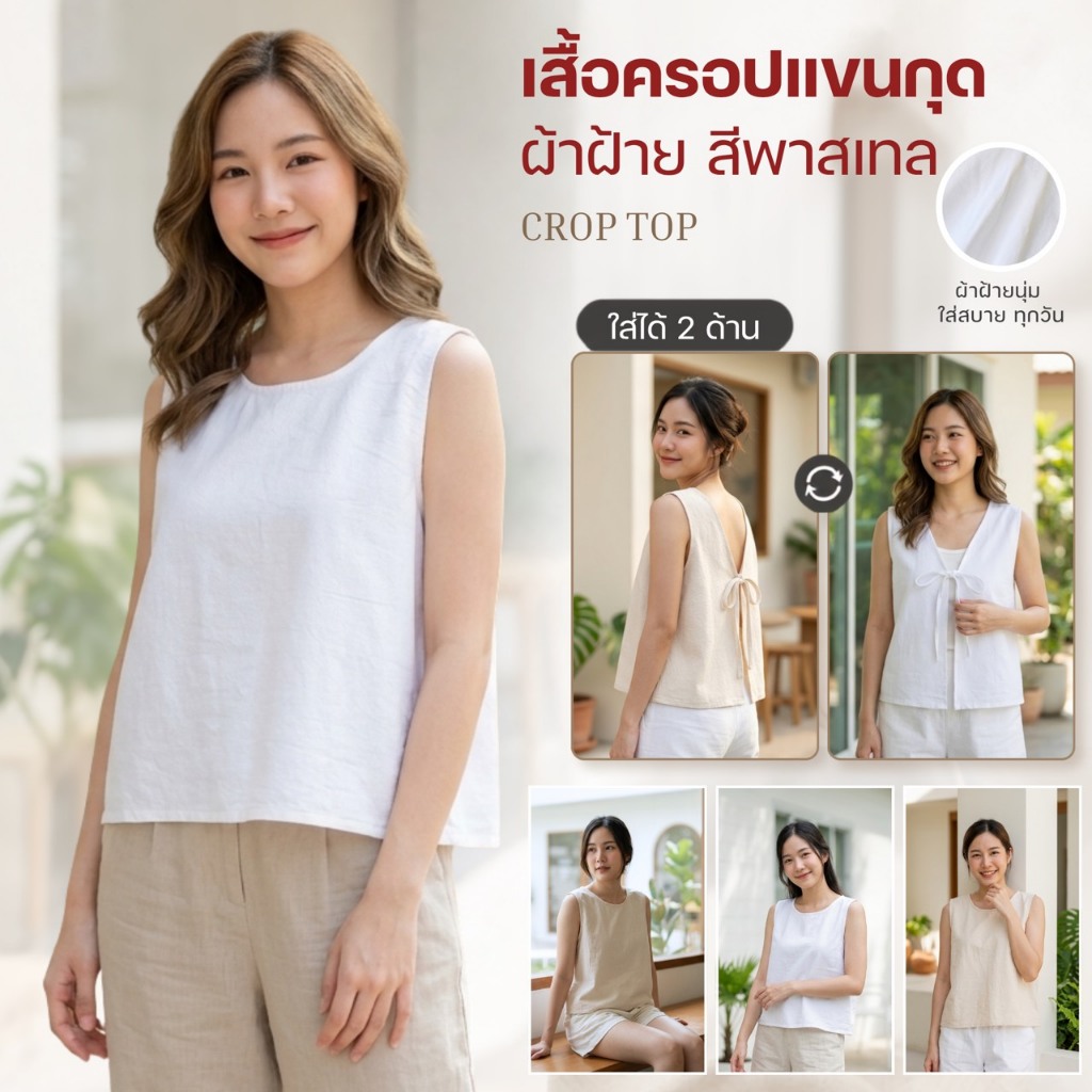 เสื้อครอปแขนกุด ผ้าฝ้ายสีพาสเทลผ้านุ่มใส่สบาย