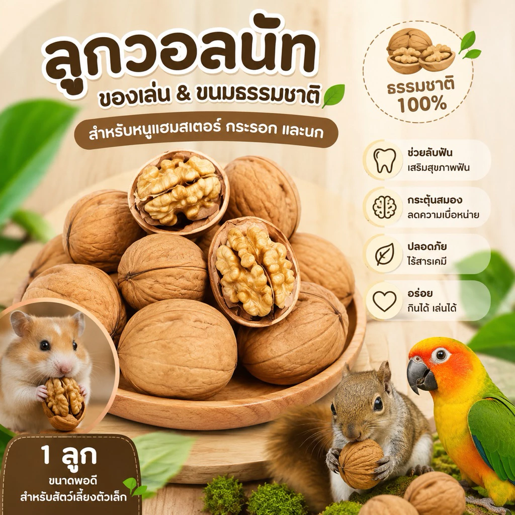 hambit. ลูกวอลนัท วอลนัทดิบมีเปลือก สำหรับสัตว์ฟันแทะ แฮมเตอร์ นก ชูการ์ กระรอกและสัตว์ฟันแทะ