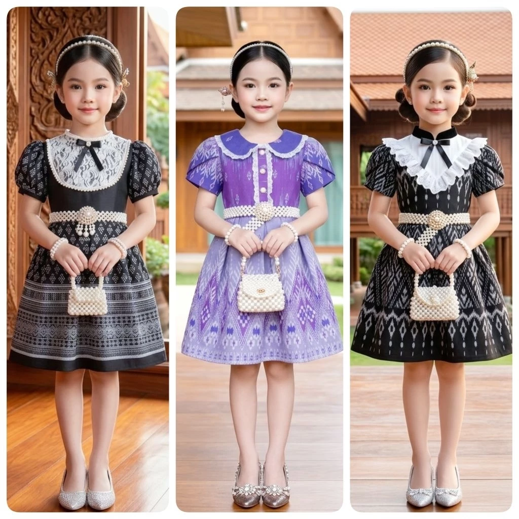 ชุดไทยเด็ก รุ่นมินิเดรสลูกสาว งานผ้าฝ้ายพิมพ์ลาย
