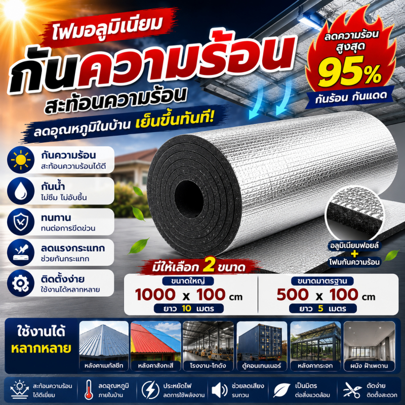 ฉนวนกันความร้อน PE หนา 5mm แผ่นกันความร้อน มีกาวในตัว ติดเองง่าย ฉนวนเพดาน ฉนวนติดผนัง กันน้ำ กันความร้อน 100%
