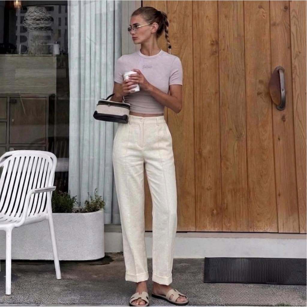88OUTLET CALZEDONIA กางเกงขายาวตีเกล็ดหน้า Pantaloni Lino e Lyocell Eco ผ้าลินินผสมไลโอเซลล์ (Lyocell) ให้สัมผัสนุ่ม