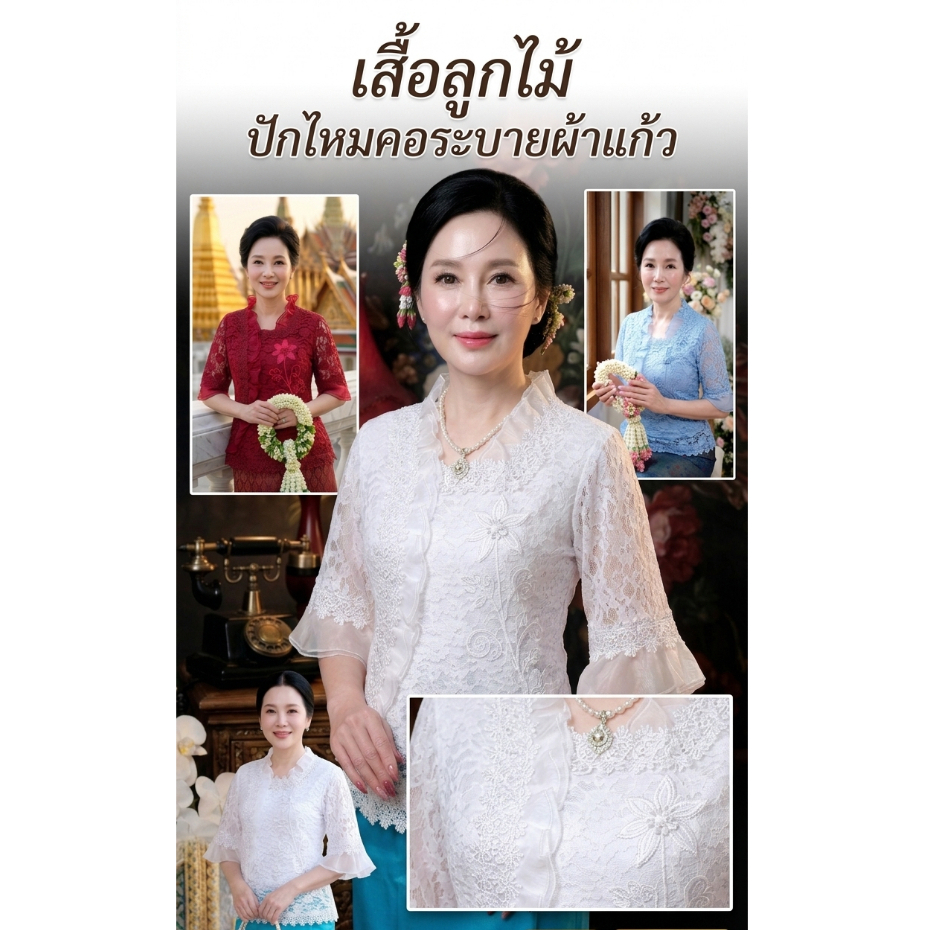 เสื้อลูกไม้ปักไหมแต่งอกระบายผ้าแก้ว#4