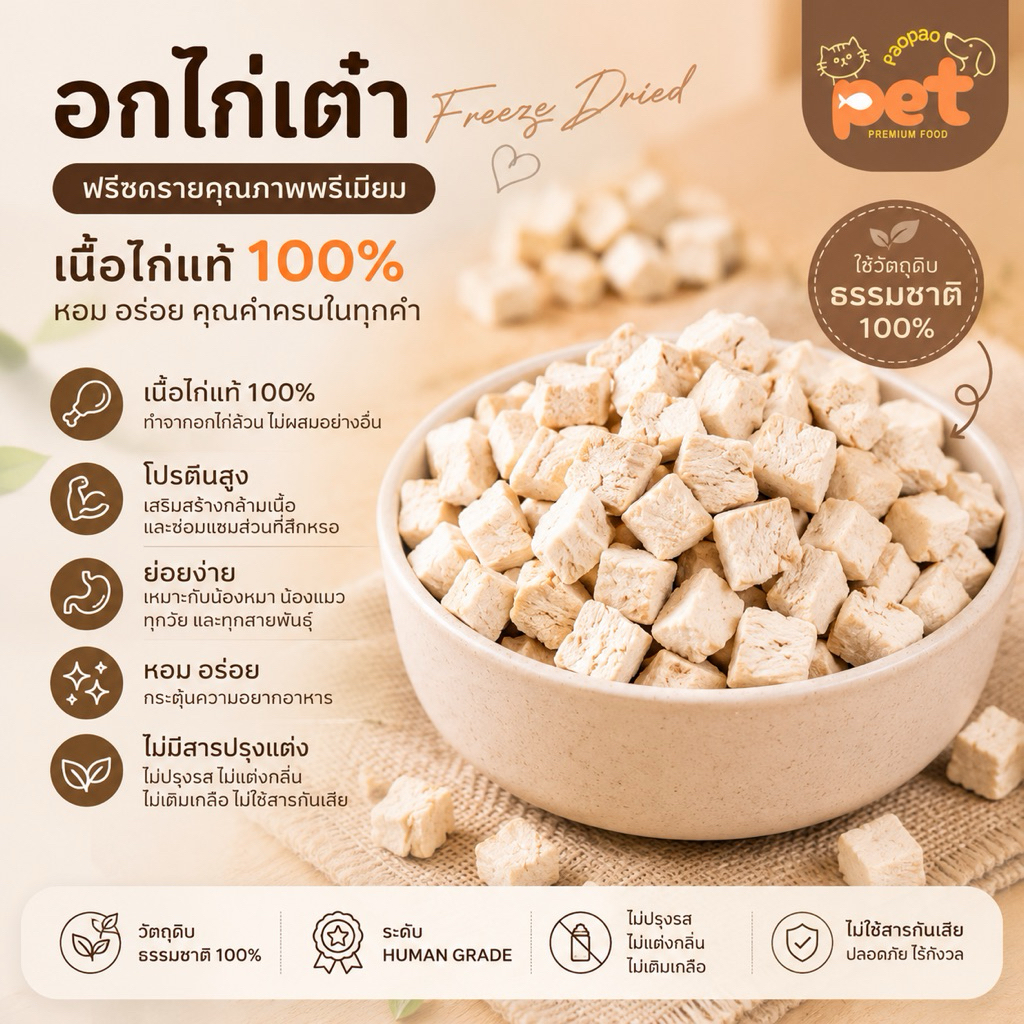 อกไก่เต๋าฟรีซดราย ขนมแมวฟรีซดราย ขนมสุนัขฟรีซดราย300g/500g/1kgFreeze-Dried กลิ่นหอมกรอบอร่อย