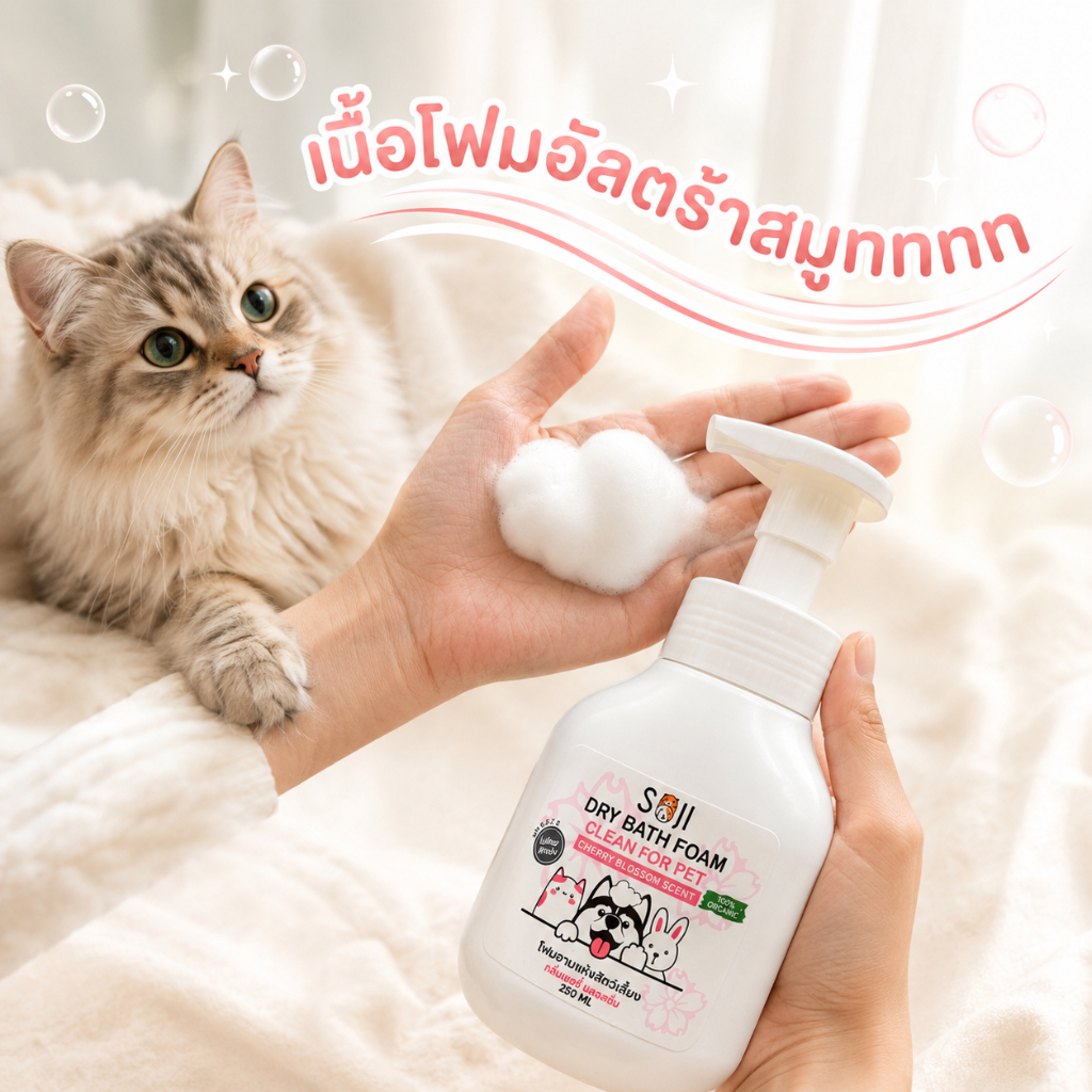 SOJI โฟมอาบแห้งใช้ได้ทั้ง สุนัข แมว กระต่าย รุ่นพรีเมี่ยมสารสกัดบำรุง สะอาด อ่อนโยน 250ml