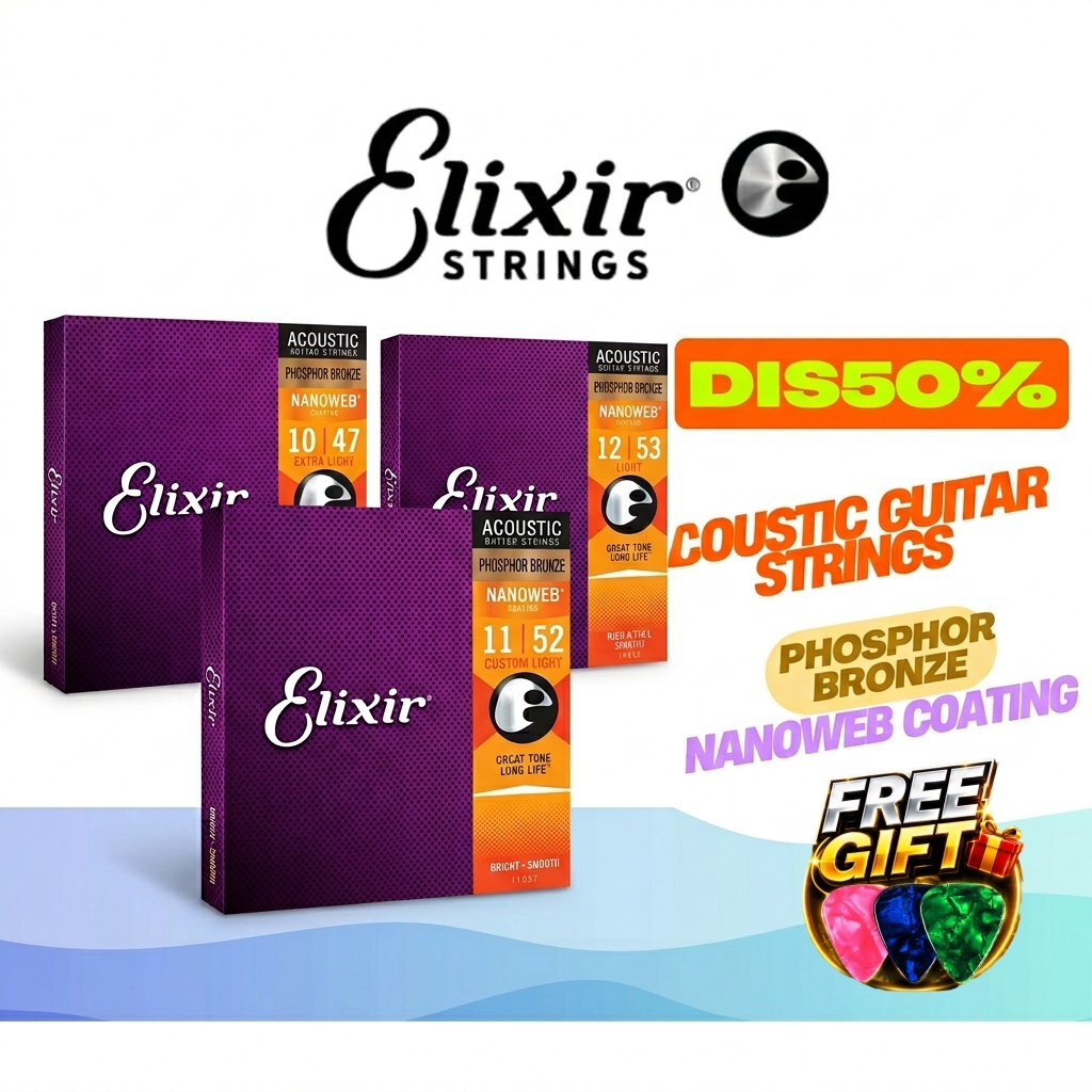 (ลด 50%)Elixir Acoustic Guitar Strings Phosphor Bronze NanoWeb Coating Antirust Light สายกีตาร์โปร่ง