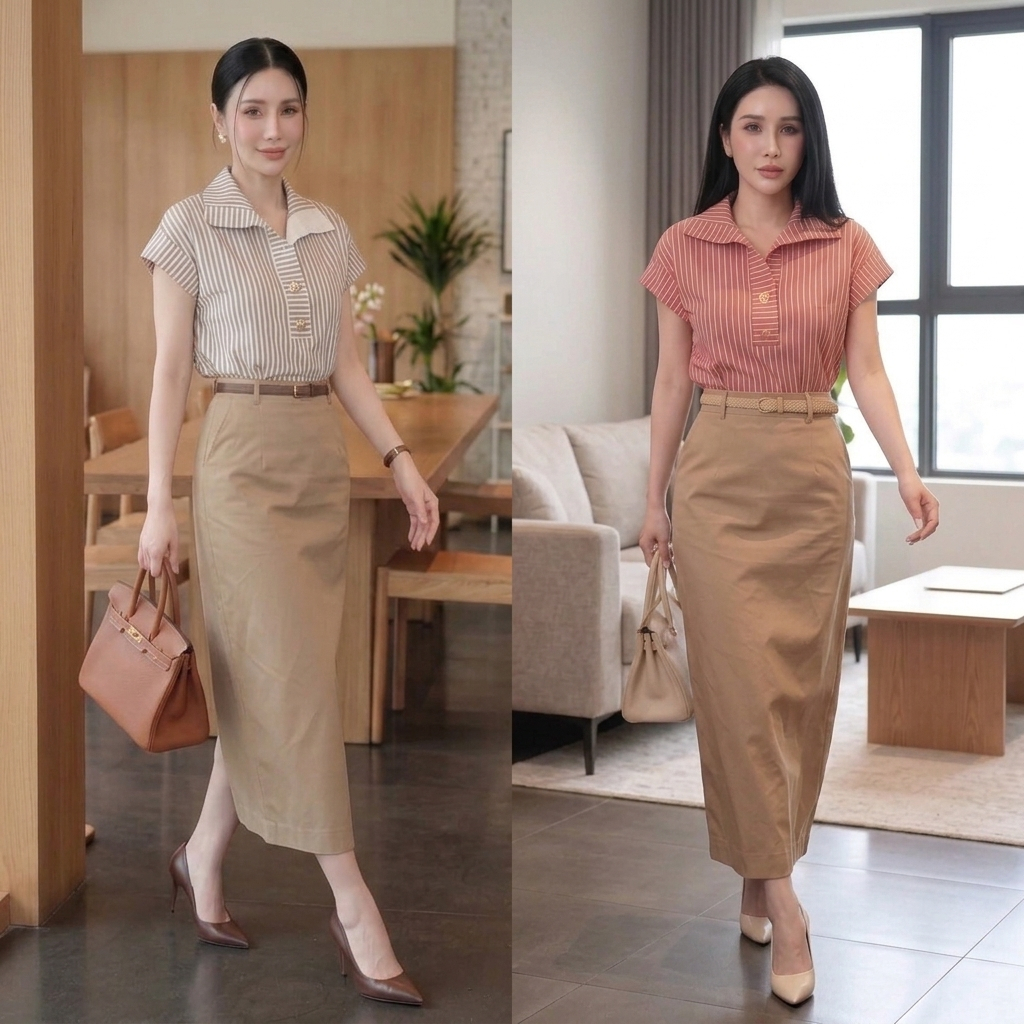 CT888  (เฉพาะเสื้อ) เสื้อเชิ้ตลายทาง แต่งกระดุมหน้า ดีไซน์พรีเมียม