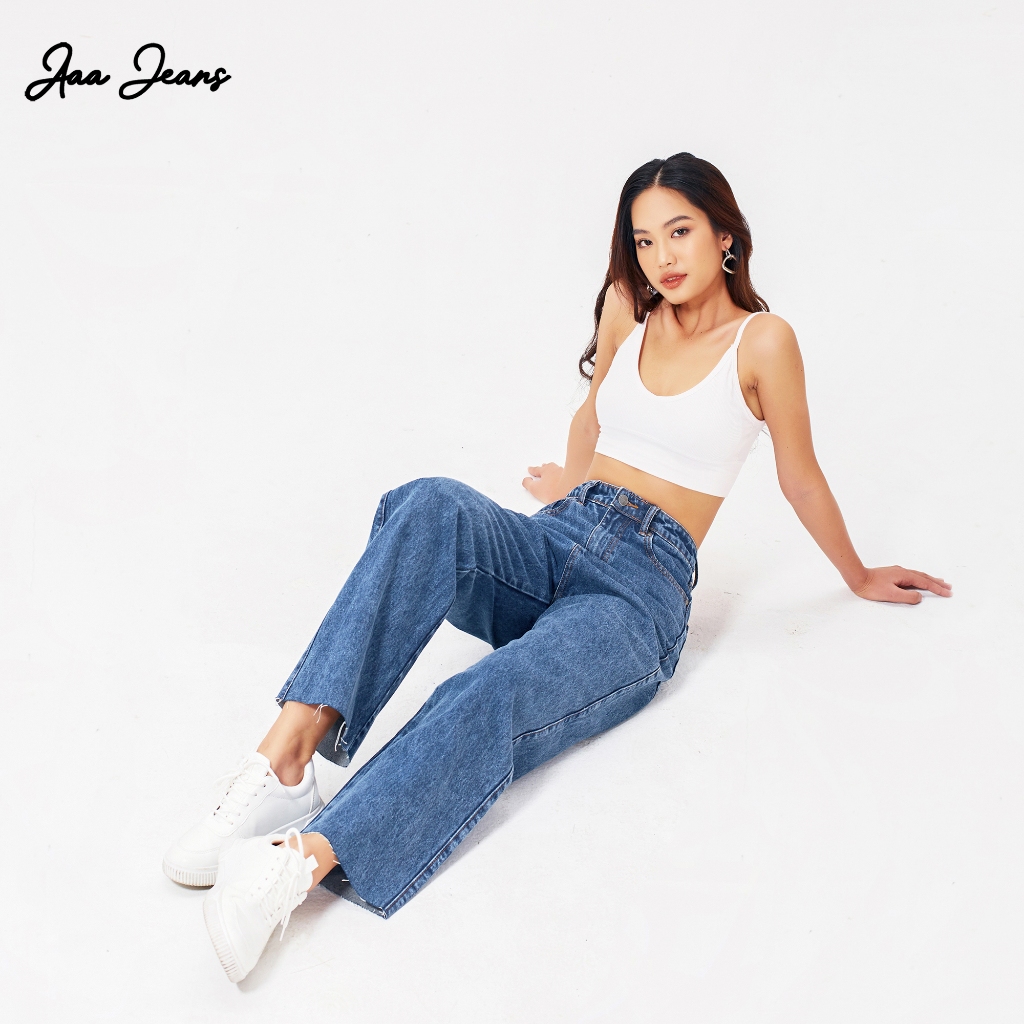 กางเกงยีนส์ผู้หญิง ทรงกระบอกตรงยาว ปลายตัด Cutoff เอวสูง ทรงสวย ขายาว - Aaa Jeans