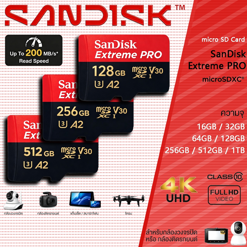 SanDisk Extreme Pro MicroSD การ์ด 512GB,256GB,128GB | ความเร็วอ่าน 200MB/s | UHS-I U3 V30 | ทนทานสูง สำหรับวิดีโอ 4K/8K