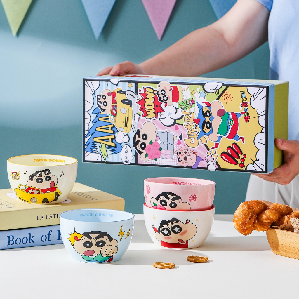 Shin chan ชามข้าวเซรามิก ชุด 4 ชิ้น กล่องของขวัญที่สวยงามประณีต เหมาะสำหรับเตาไมโครเวฟ