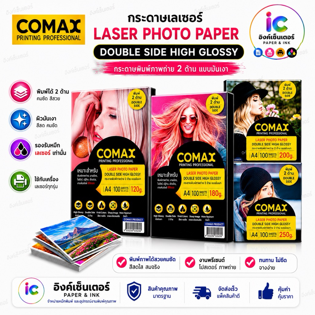 COMAX Laser กระดาษพิมพ์ภาพถ่าย 2ด้าน แบบมัน สำหรับ เครื่องพิมพ์เลเซอร์ (กันน้ำ LASER Photo Paper Dou