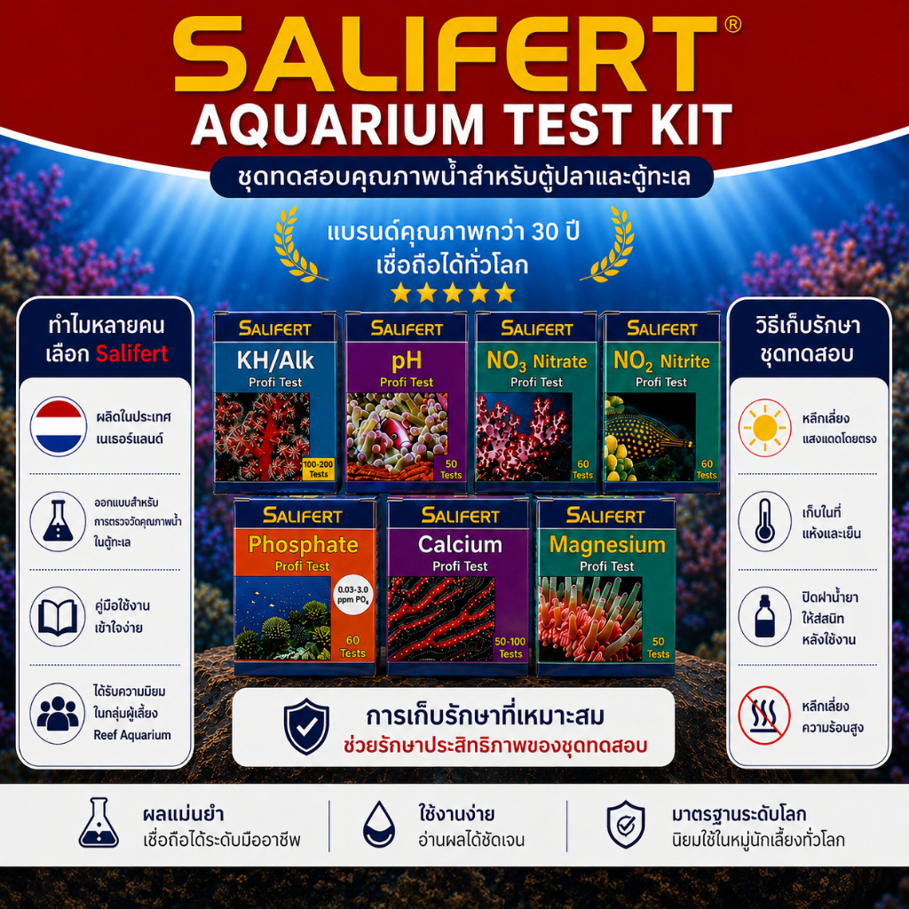 Salifert Testkit ของแท้100% ชุดทดสอบคุณภาพน้ำ NH3 / NO3 / NO2 / pH / Ca / Mg / KH / PO4
