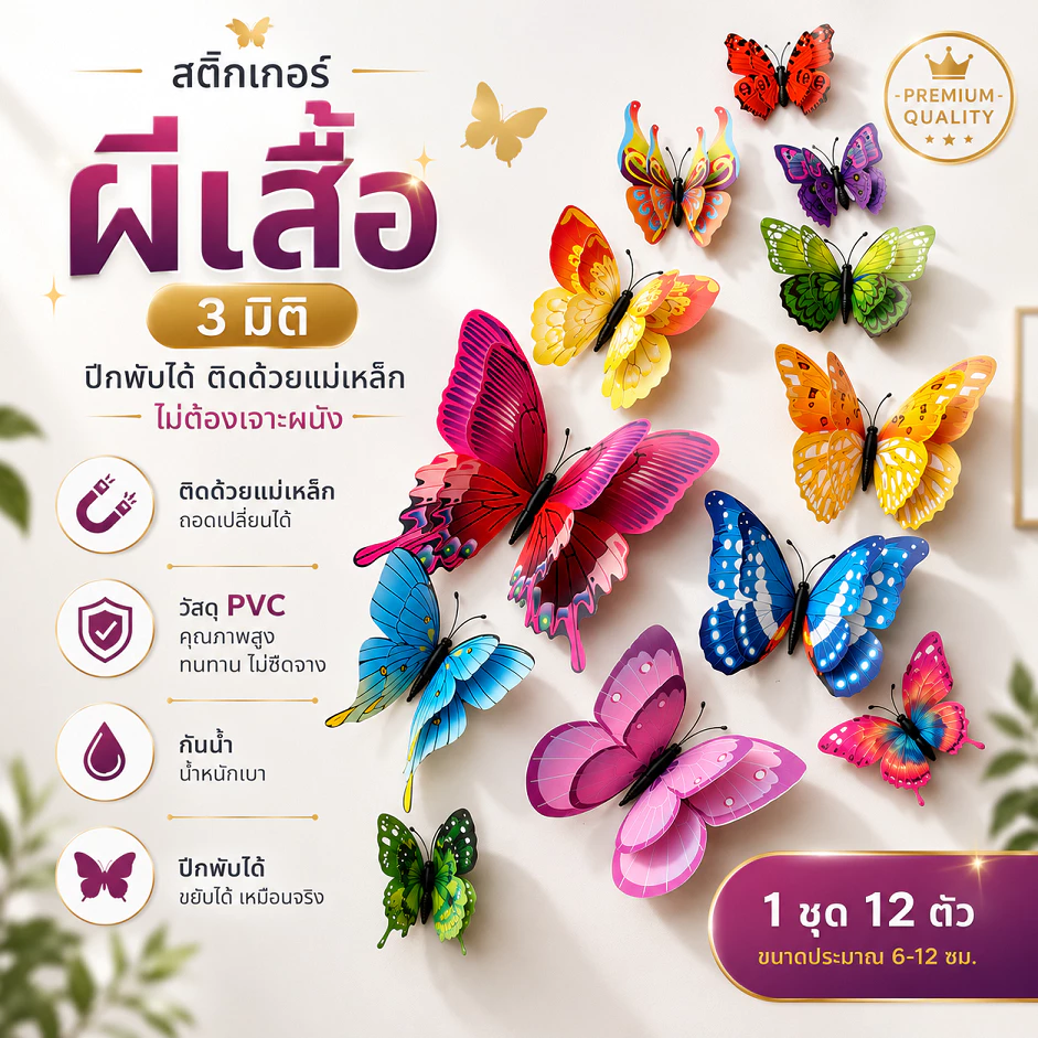 ผีเสื้อ 3มิติ ปีกพับได้ 12ตัว สติกเกอร์แม่เหล็กผีเสื้อ ลายเหมือนจริง ติดผนังไม่เจาะ พร้อมส่งจากไทย