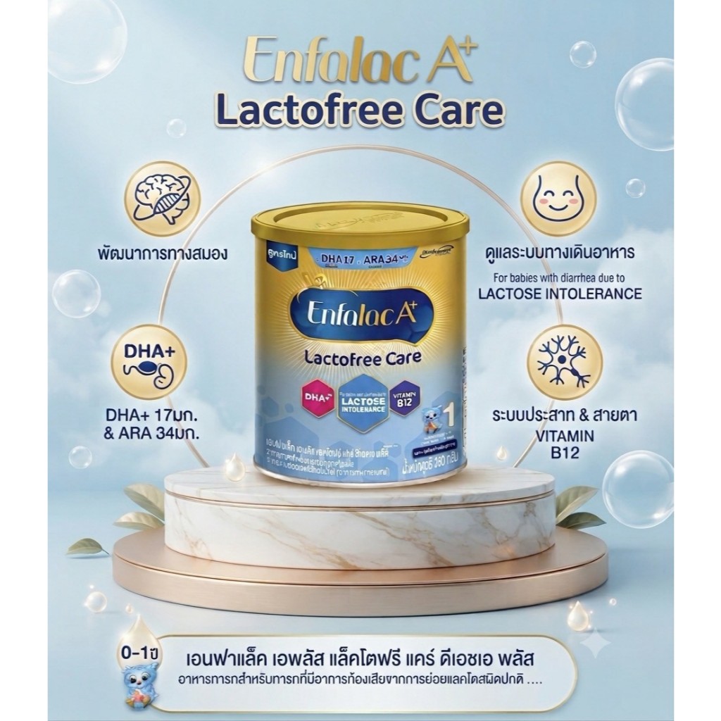 Enfalac A+ Lactose Free Care นมเอนฟาแล็ค เอพลัส แลคโตฟรี แคร์ นมผงสำหรับทารกท้องเสียขนาด 380 กรัม