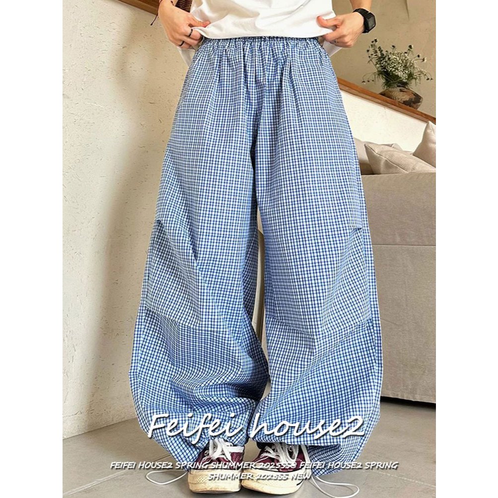 [Feifei-Quick-dry fabric long pants]ฤดูร้อนกางเกงขายาวลายตารางสีสองสายรัดเอวหลวมสไตล์ลำลองขากว้าง