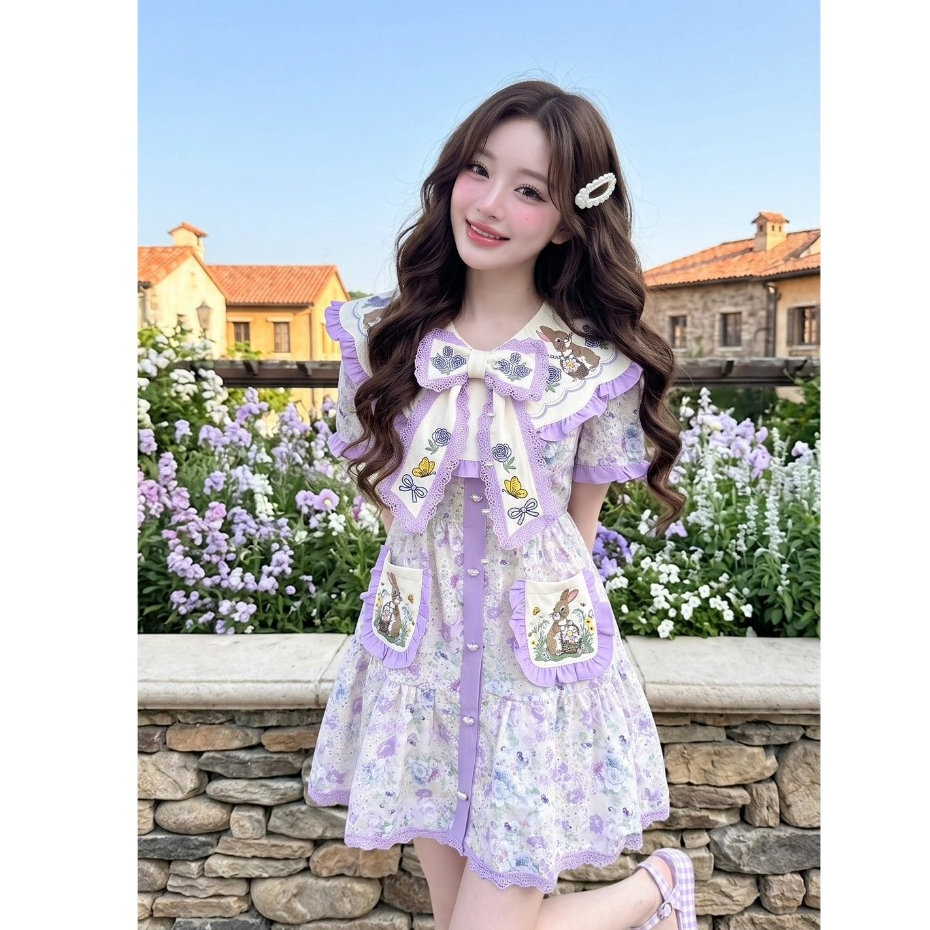 (มี3XL) Maria Diamond สีม่วง Amethyst Holly Dress เดรสสั้นผ้าคอตตอน ปกปัก กระเป๋าหน้าปัก ซิปหลัง มีซับใน