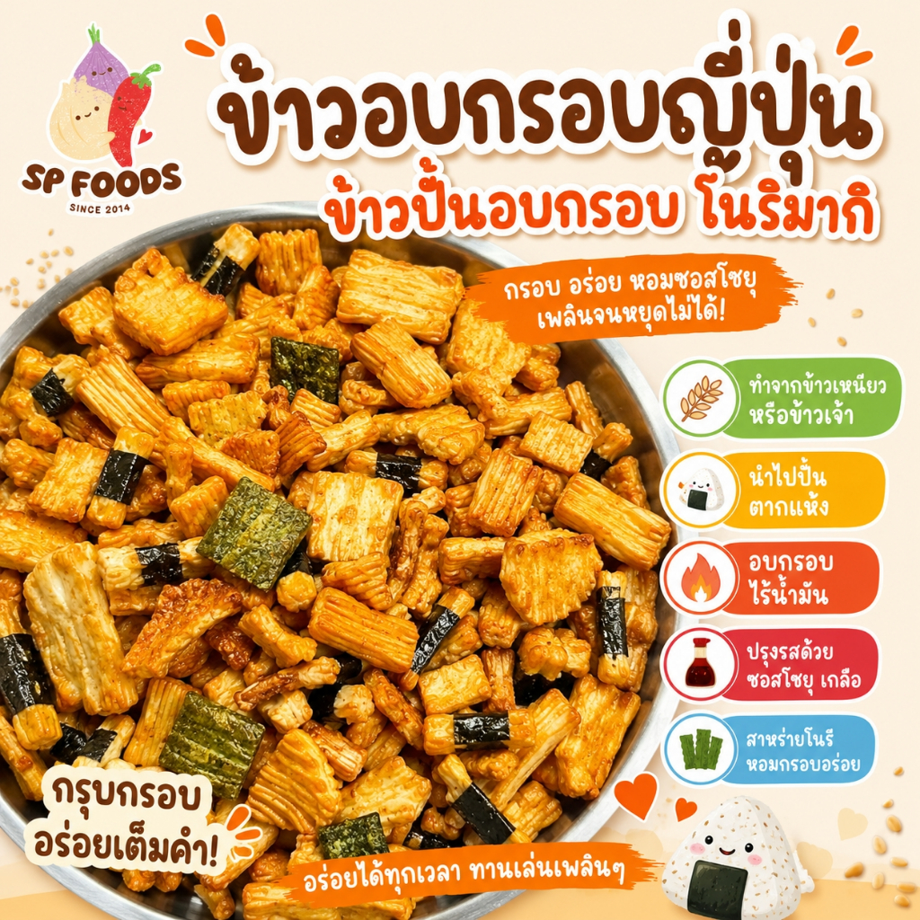 ขนม ขนาด 100g.-1kg. ข้าวอบกรอบญี่ปุ่น By SP FOODS ทานเล่นเพลินๆ กรอบอร่อย ข้าวพันสาหร่าย
