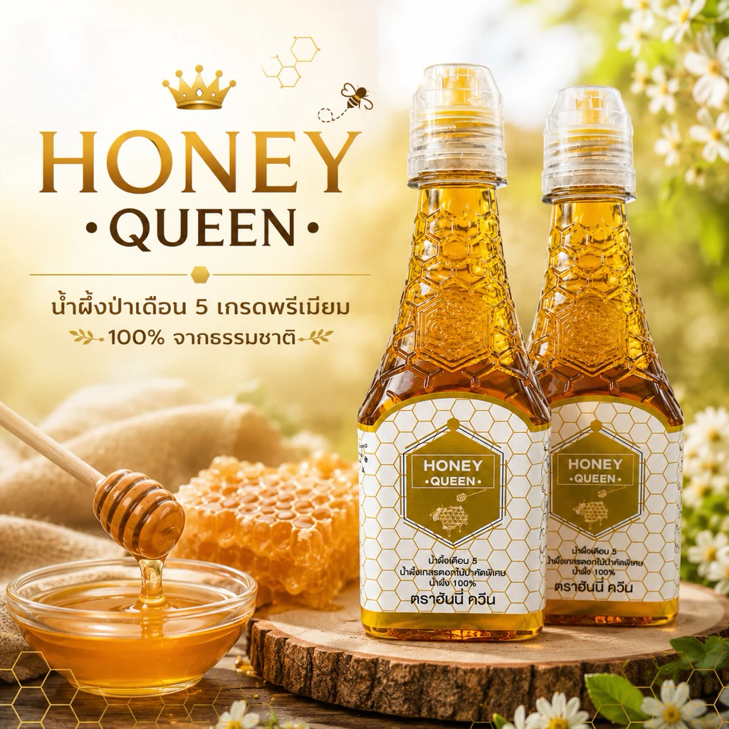 น้ำผึ้งเดือน 5 ตราฮันนี่ควีน HONEY QUEEN 450 กรัม ขวดฝาจุกบีบสะดวก
