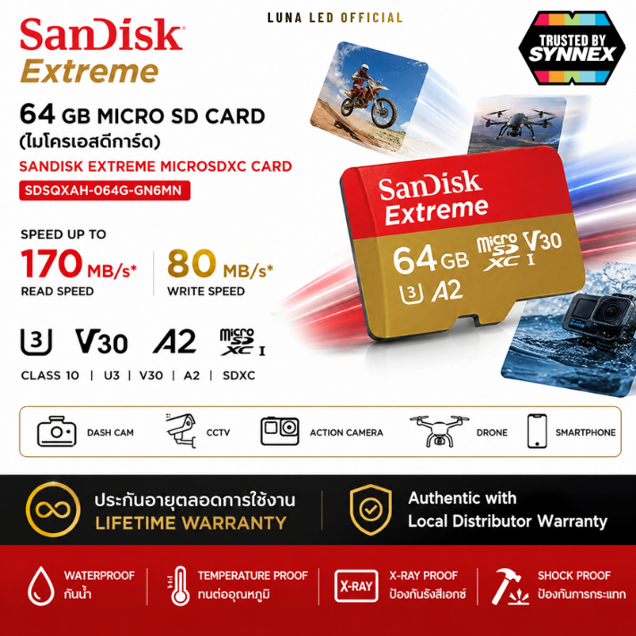 แท้ 100% การ์ด SanDisk Extreme microSDXC C10 [ 64GB ] 170MB/s R,/80MB/s (V30 / U3 / A2 / 4K) ( SDSQX