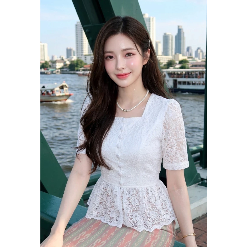 เสื้อลูกไม้ออกงานรุ่นแขนสั้นเอวระบายกระดุมหน้า
